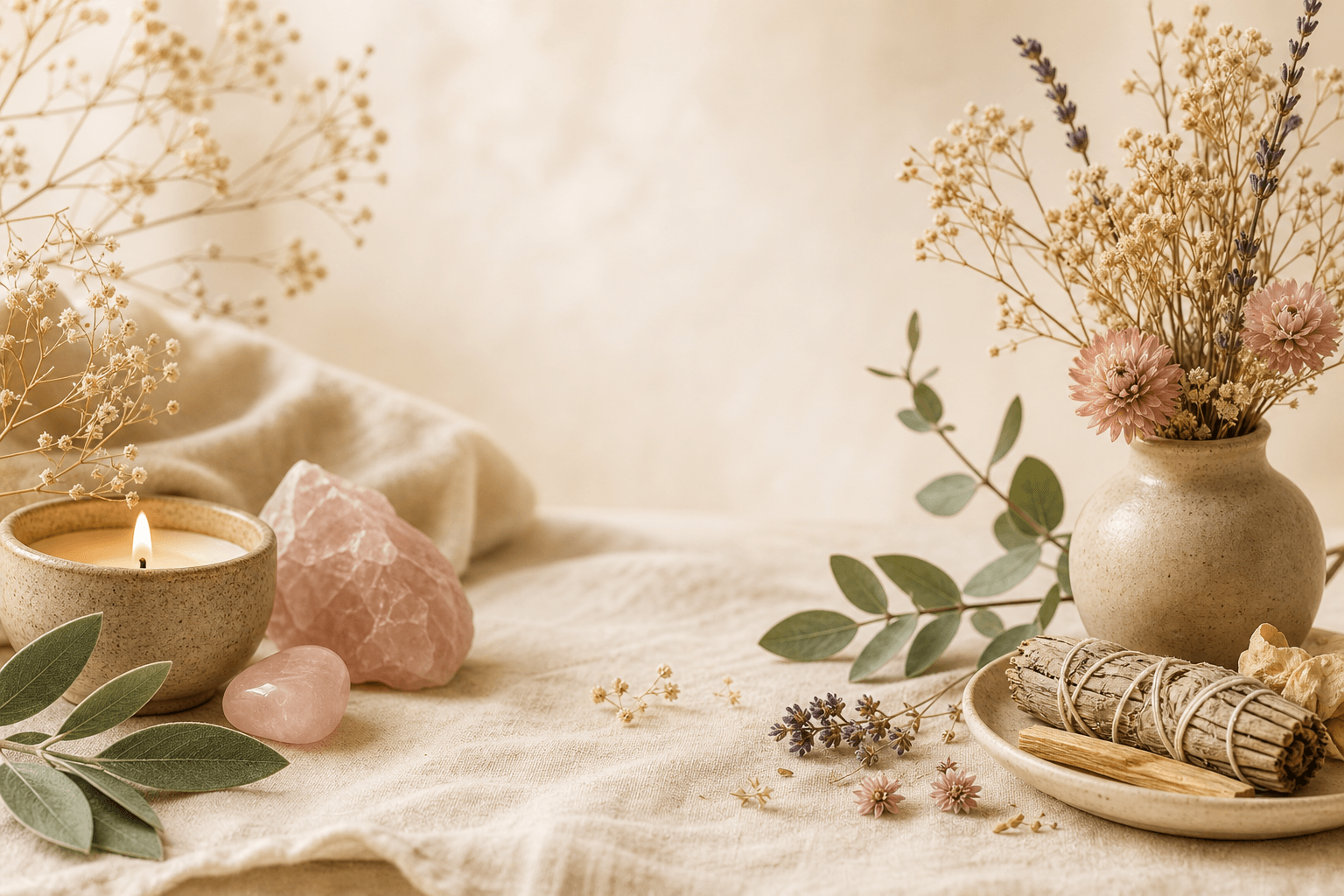 Bougie, feuilles et cristaux dans une ambiance douce